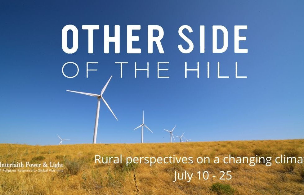 Graphic for Other Side of the Hill. White text reads Other Side of the Hill. In the background is blue sky, several wind turbines, and prarie.
