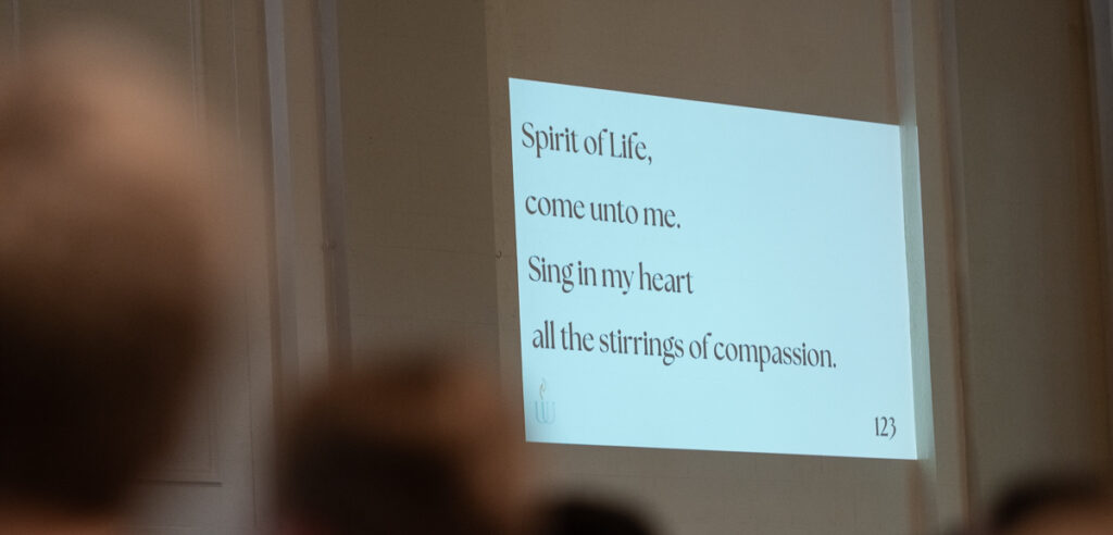 Lyrics to Spirit of Life projected inside the sanctuary at First U.